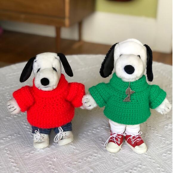 VTG 1968 Snoopy Plush Set of 2 United Feature  Overalls Shirt Sneakers 10" 12" - Picture 1 of 16